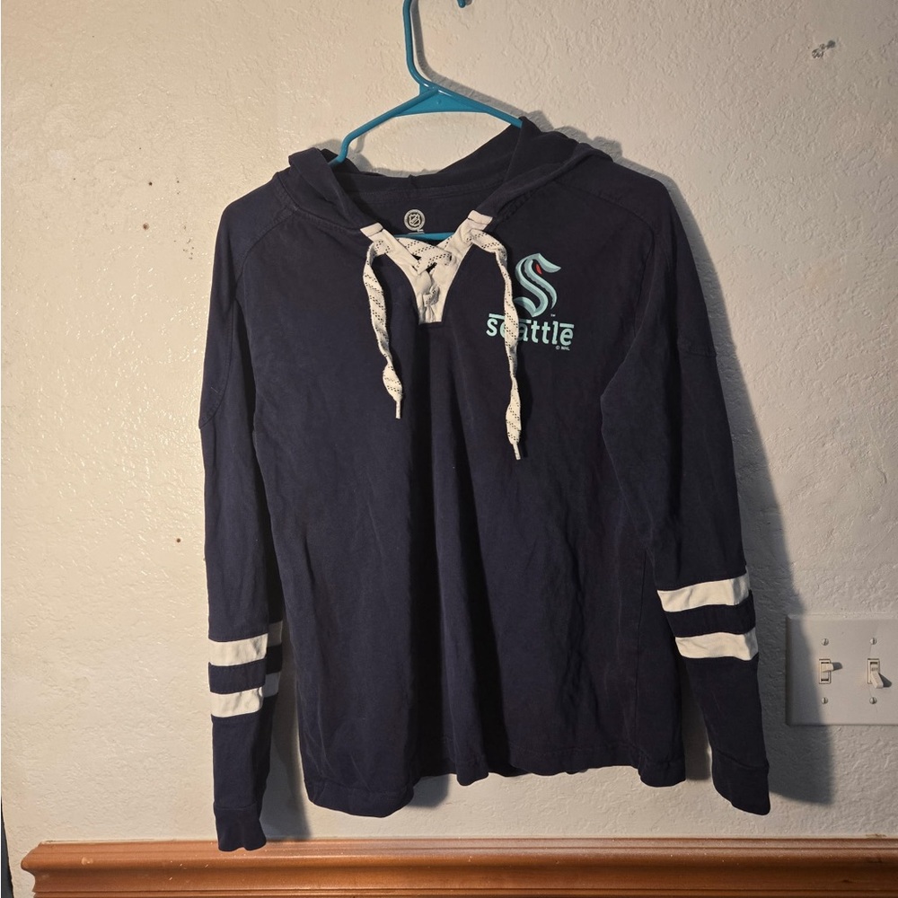 Seattle Kraken Navy Hooded Lace-Up Pullover with White Stripe Sleeves